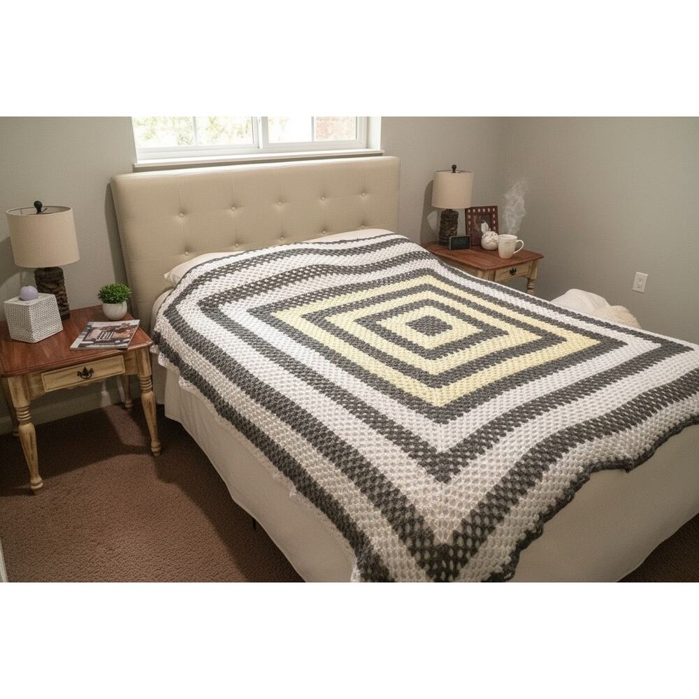 Handmade Crochet Throw‎ Blanket Gray Cream Yellow Square Spiral Granny Afghan